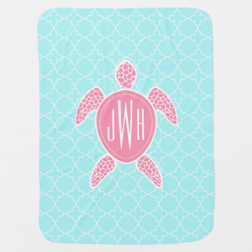 Monogrammed Pink Sea Turtle  Blue Quatrefoil Baby Blanket