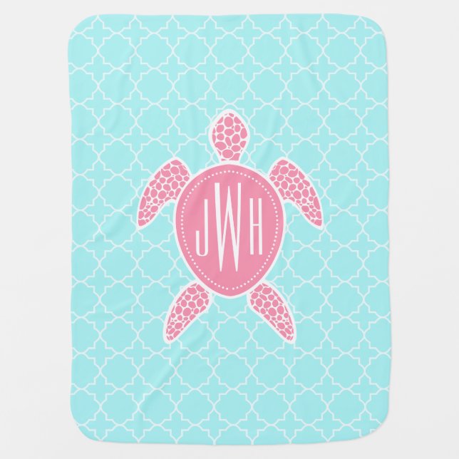 Monogrammed Pink Sea Turtle + Blue Quatrefoil Baby Blanket (Front)