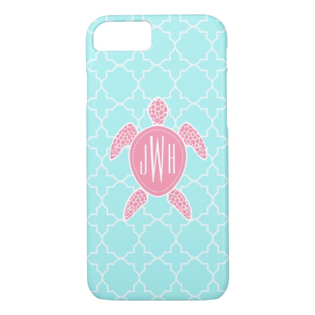 Monogrammed Pink Sea Turtle + Blue Quatrefoil Case-Mate iPhone Case (Back)