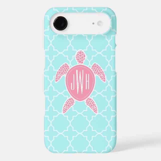Monogrammed Pink Sea Turtle + Blue Quatrefoil Case-Mate iPhone Case (Back)