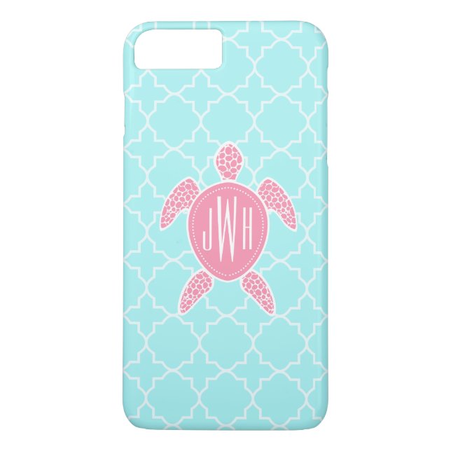 Monogrammed Pink Sea Turtle + Blue Quatrefoil Case-Mate iPhone Case (Back)