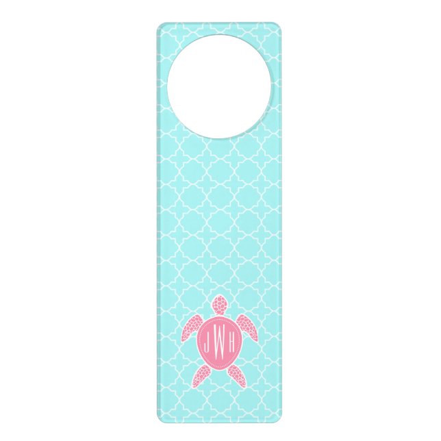 Monogrammed Pink Sea Turtle + Blue Quatrefoil Door Hanger (Front)