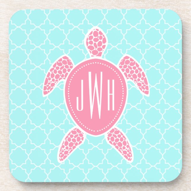 Monogrammed Pink Sea Turtle + Blue Quatrefoil Drink Coaster (Front)