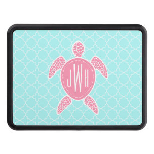 Monogrammed Pink Sea Turtle + Blue Quatrefoil Hitch Cover