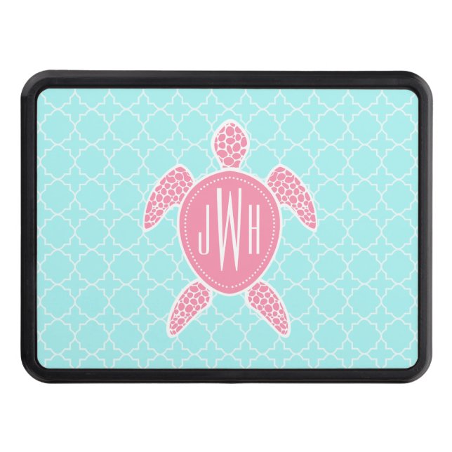 Monogrammed Pink Sea Turtle + Blue Quatrefoil Hitch Cover (Front)