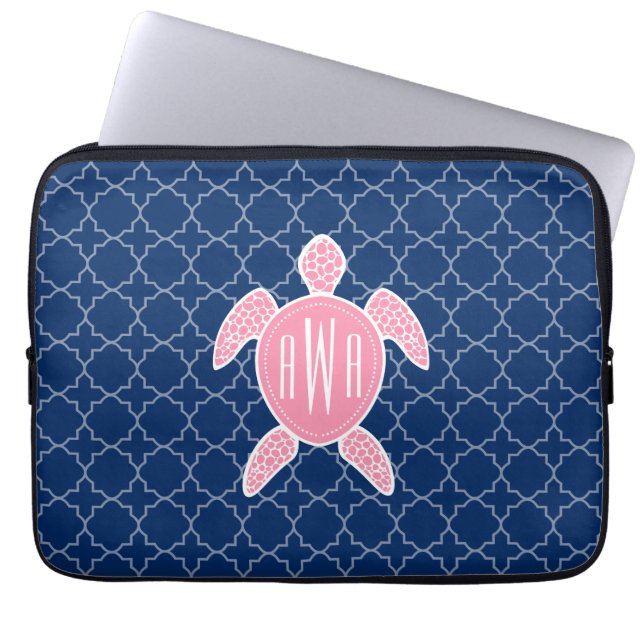 Monogrammed Pink Sea Turtle Blue Quatrefoil Laptop Sleeve (Front)