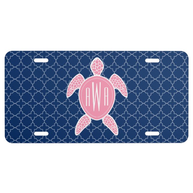 Monogrammed Pink Sea Turtle Blue Quatrefoil License Plate (Front)