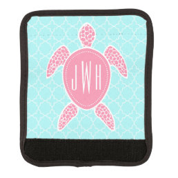 Monogrammed Pink Sea Turtle + Blue Quatrefoil Luggage Handle Wrap