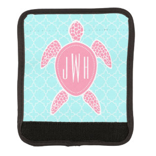 Monogrammed Pink Sea Turtle + Blue Quatrefoil Luggage Handle Wrap