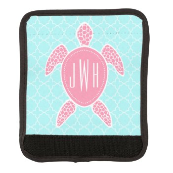 Monogrammed Pink Sea Turtle   Blue Quatrefoil Luggage Handle Wrap by JillsPaperie at Zazzle