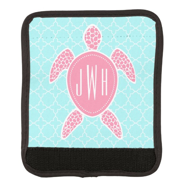 Monogrammed Pink Sea Turtle + Blue Quatrefoil Luggage Handle Wrap (Front)