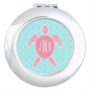 Monogrammed Pink Sea Turtle + Blue Quatrefoil Mirror For Makeup