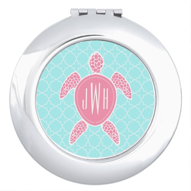 Monogrammed Pink Sea Turtle + Blue Quatrefoil Mirror For Makeup (Front)