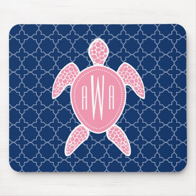 Monogrammed Pink Sea Turtle Blue Quatrefoil Mouse Pad (Front)