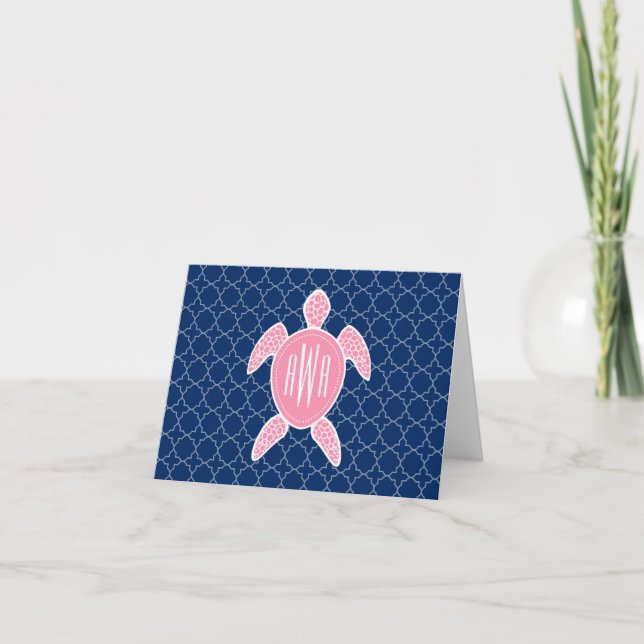 Monogrammed Pink Sea Turtle Blue Quatrefoil Note Card (Front)