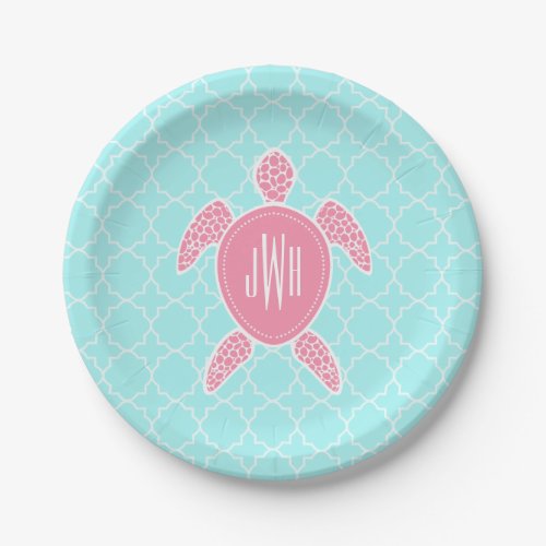 Monogrammed Pink Sea Turtle  Blue Quatrefoil Paper Plates