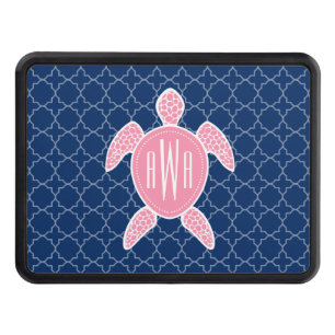 Monogrammed Pink Sea Turtle Blue Quatrefoil Tow Hitch Cover