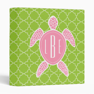 Monogrammed Pink Sea Turtle Green Quatrefoil Binder