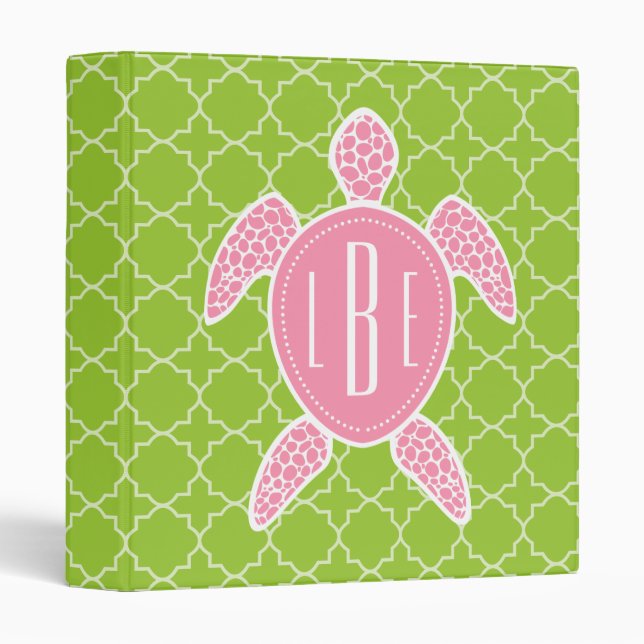 Monogrammed Pink Sea Turtle Green Quatrefoil Binder (Front/Spine)