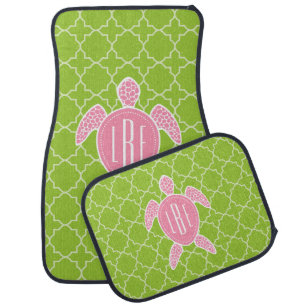 Monogrammed Pink Sea Turtle Green Quatrefoil Car Mat