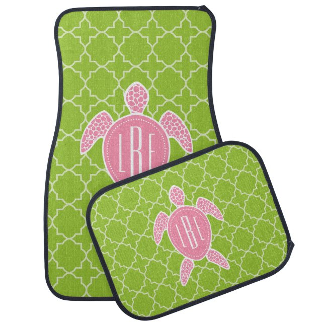 Monogrammed Pink Sea Turtle Green Quatrefoil Car Mat (Set)