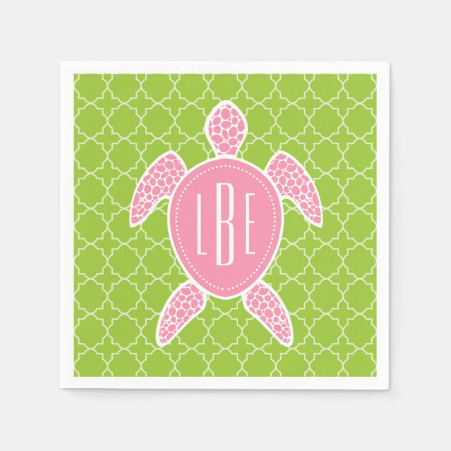 Monogrammed Pink Sea Turtle Green Quatrefoil Paper Napkins (Front)