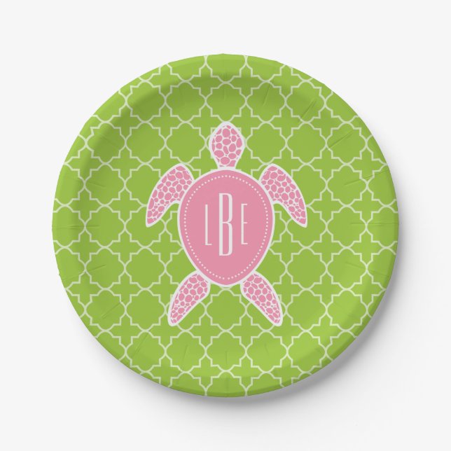 Monogrammed Pink Sea Turtle Green Quatrefoil Paper Plates (Front)