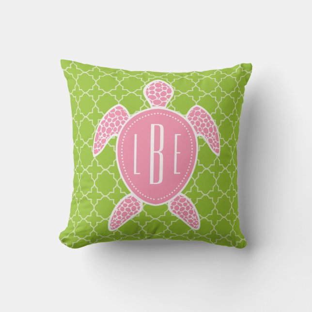 Monogrammed Pink Sea Turtle Green Quatrefoil Throw Pillow (Front)