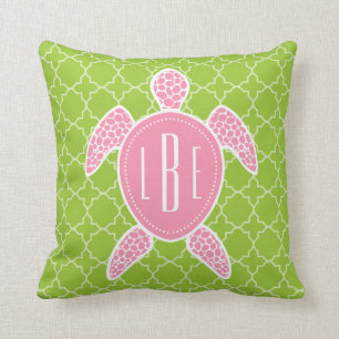 Monogrammed Pink Sea Turtle Green Quatrefoil Throw Pillow