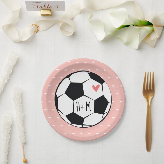 Monogrammed Pink Soccer Ball Wedding Paper Plates (Wedding)
