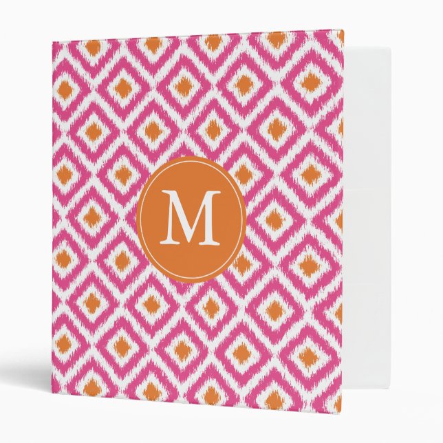 Monogrammed Pink Tangerine Diamond Ikat Pattern Binder (Front/Inside)