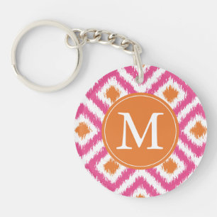 Monogrammed Pink Tangerine Diamond Ikat Pattern Keychain