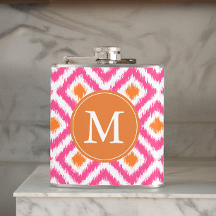 Monogrammed Pink Tangerine Diamonds Ikat Pattern Hip Flask