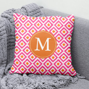 Monogrammed Pink Tangerine Diamonds Ikat Pattern Throw Pillow