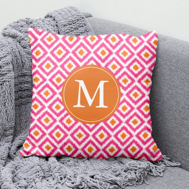 Monogrammed Pink Tangerine Diamonds Ikat Pattern Throw Pillow (Creator Uploaded)