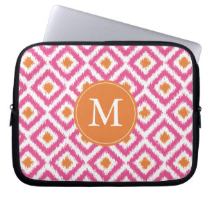 Monogrammed Pink Tangerine Ikat Pattern Laptop Sleeve