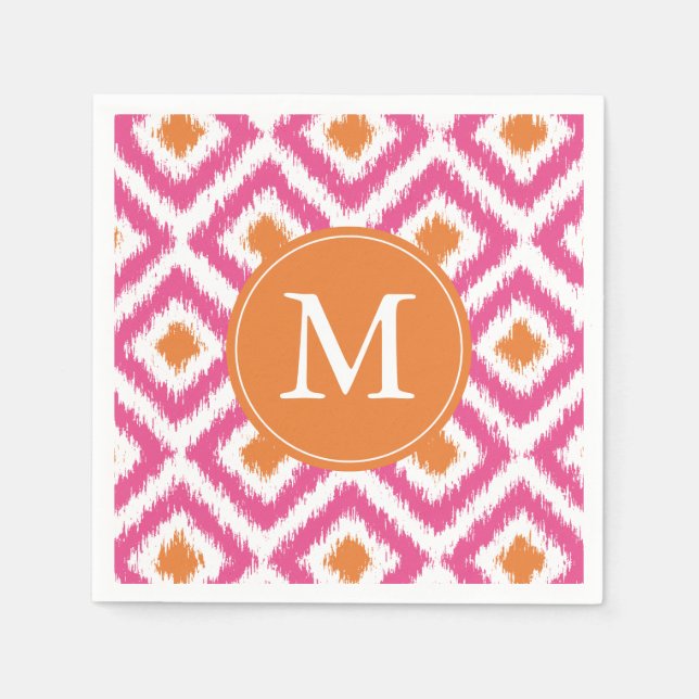 Monogrammed Pink Tangerine Ikat Pattern Napkins (Front)
