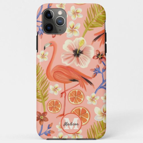 Monogrammed Pink Tropical Flamingo Floral Pattern iPhone 11 Pro Max Case