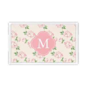 Monogrammed Pink Vintage Roses Pattern Acrylic Tray