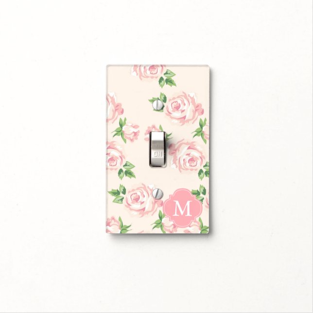 Monogrammed Pink Vintage Roses Pattern Light Switch Cover (In Situ)