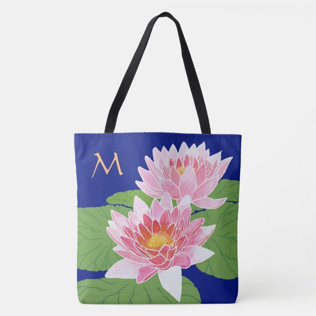 Monogrammed Pink Water Lilies on Blue Tote Bag (Front)