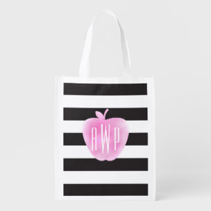 Monogrammed Pink Watercolor Apple + Stripes Grocery Bag