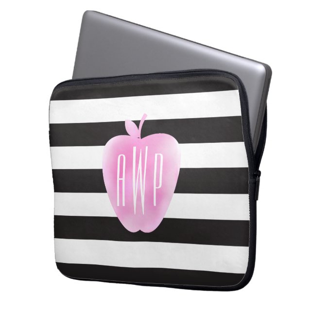 Monogrammed Pink Watercolor Apple + Stripes Laptop Sleeve (Front Left)