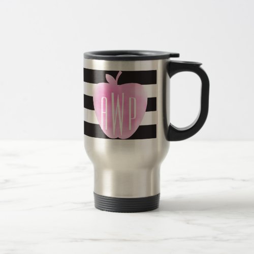 Monogrammed Pink Watercolor Apple  Stripes Travel Mug