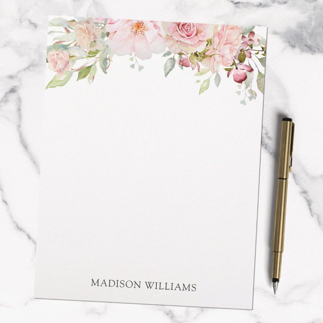 Monogrammed Pink Watercolor Rose Flower Elegant Letterhead (In situ)