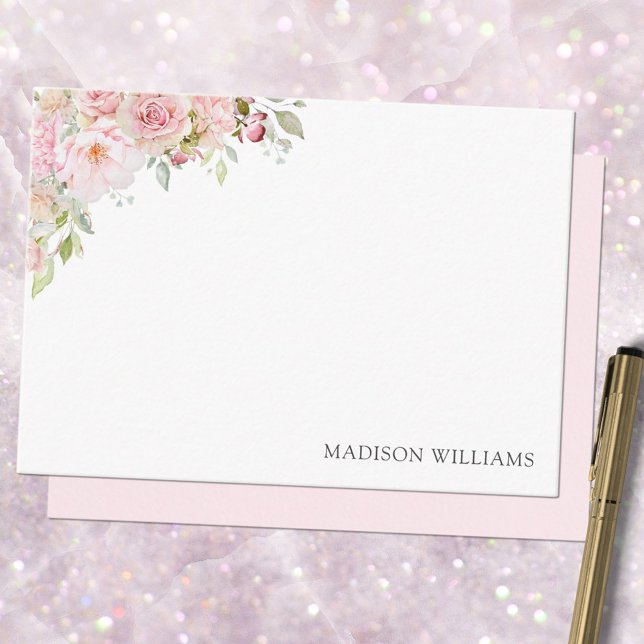 Monogrammed Pink Watercolor Rose Flower Floral Note Card (In situ)