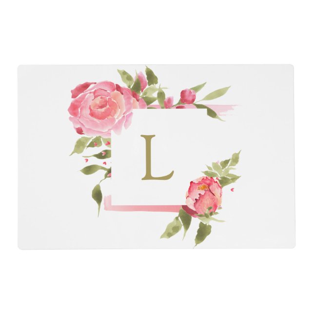 Monogrammed, pink watercolour roses pet placemat (Front)