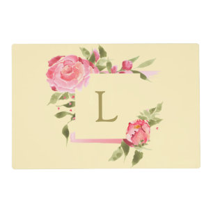 Monogrammed, pink watercolour roses pet placemat