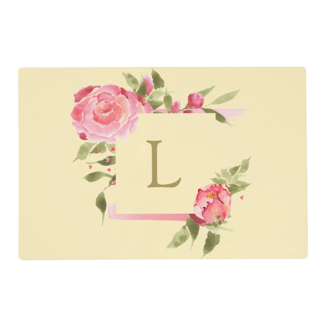Monogrammed, pink watercolour roses pet placemat (Front)