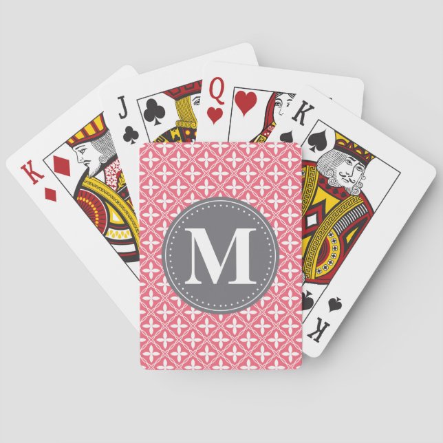 Monogrammed Pink White Floral Lattice Pattern Poker Cards (Back)